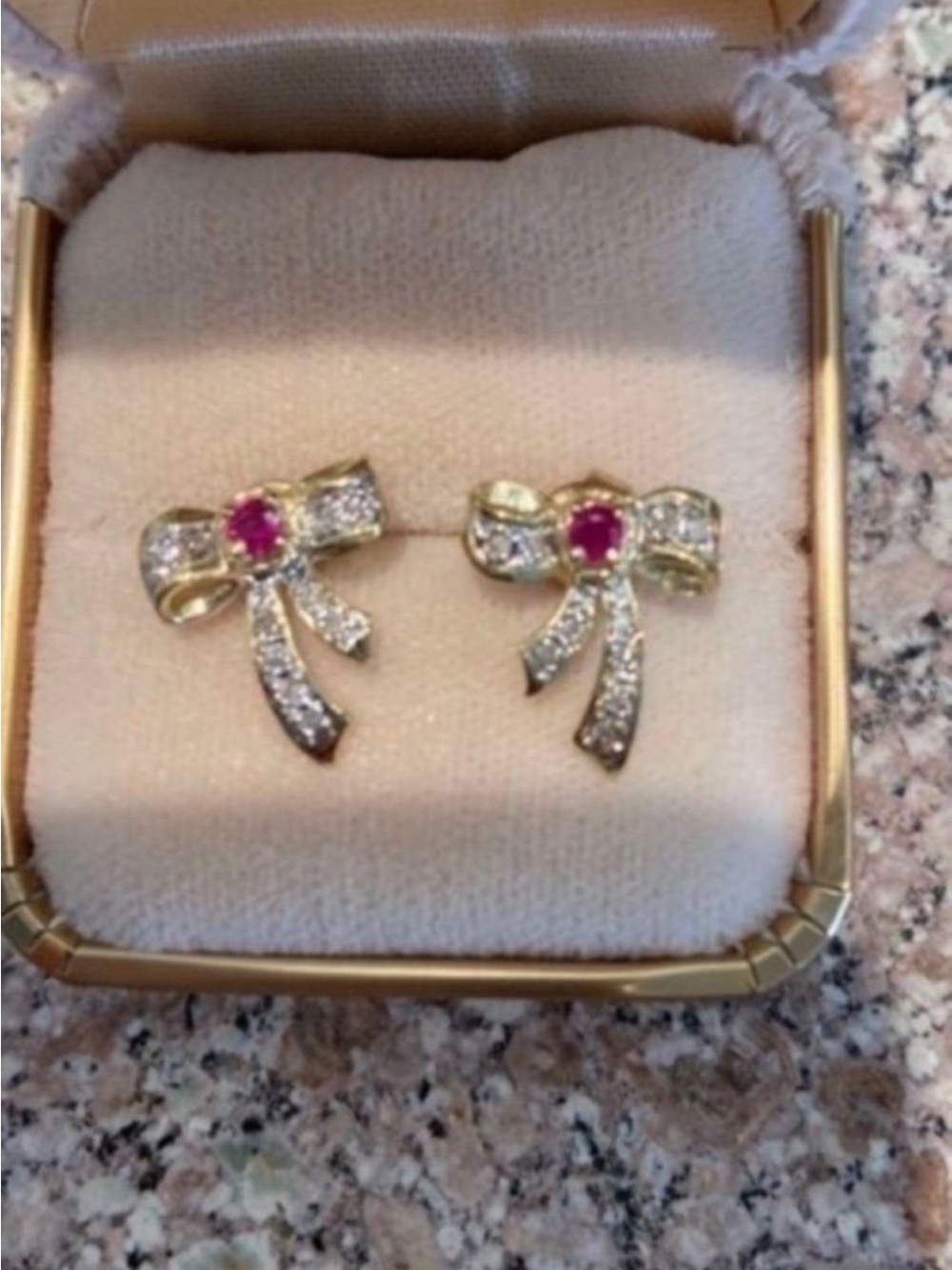 14k Gold Bow Stud Earrings with Ruby Center Gemstone and small diamonds